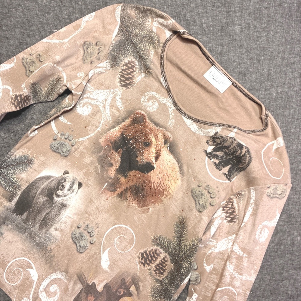 Cactus Bay Apparel Bear‎ Graphic Top Women Medium Brown Vintage Rhinestone USA